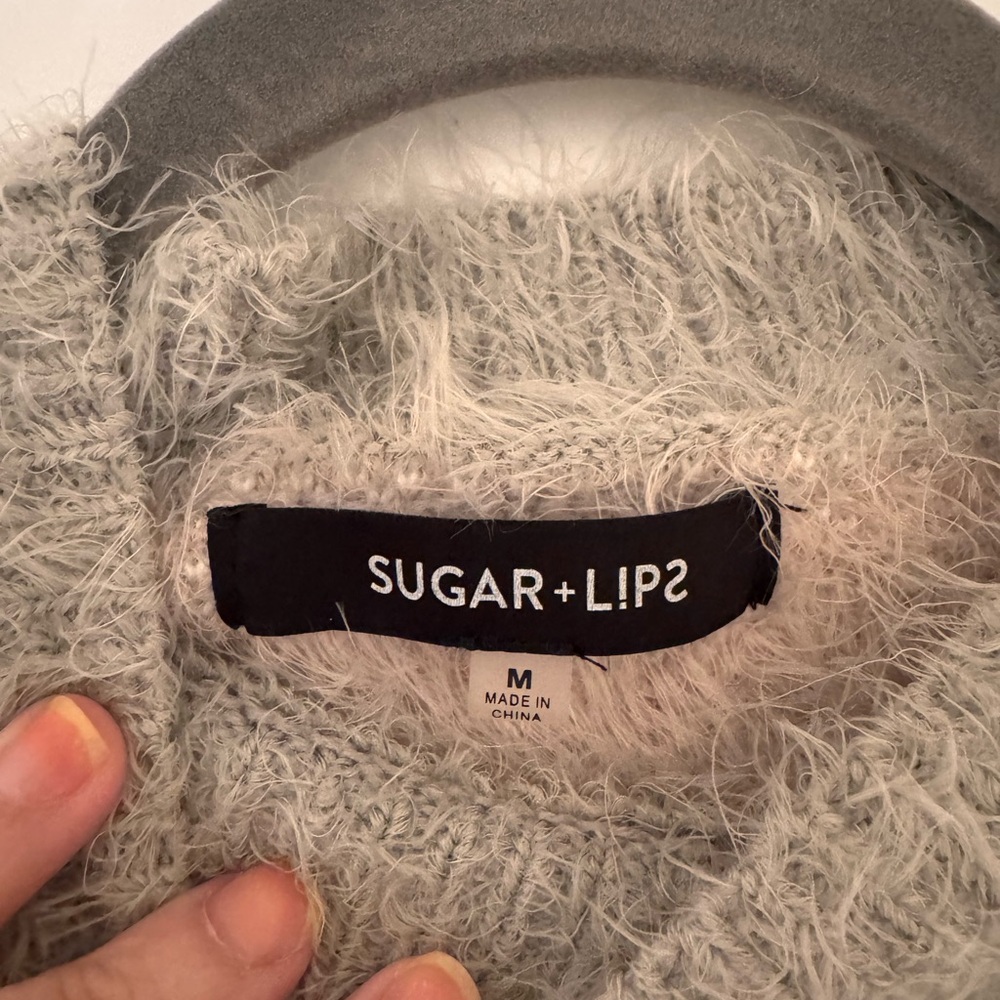 Sugar + Lips Fuzzy Chevron Sweater | Size M | Gray, White, & Pink - Picture 3 of 5